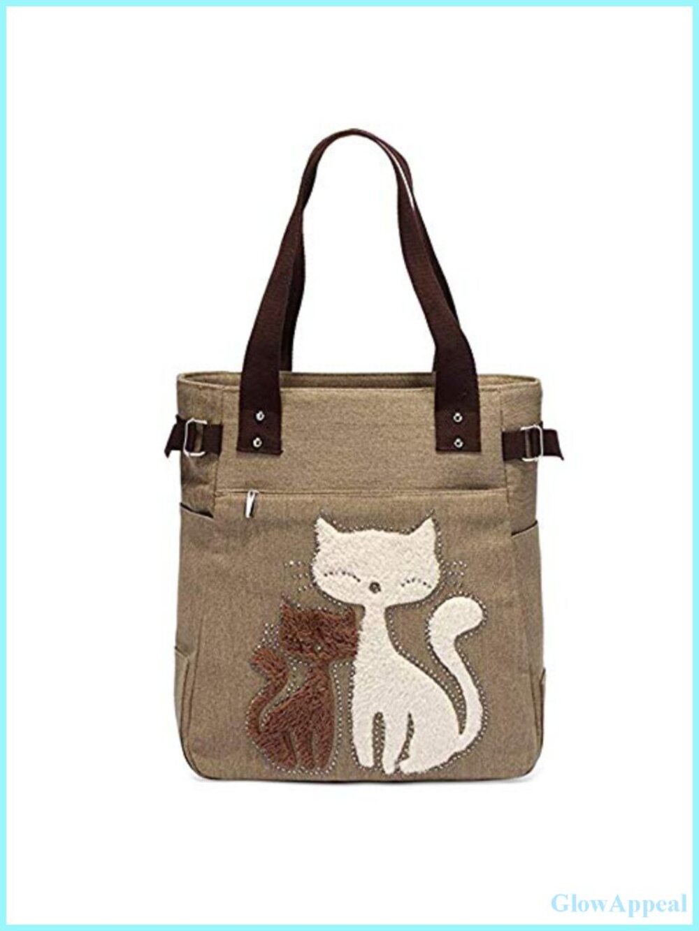 Canvas Tote Handbag with Cat Embroidery Large Zipper Travel Work Shopping
